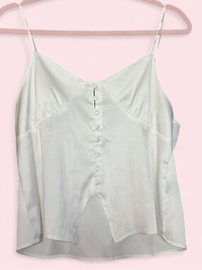 POL Ivory Satin Button-Front Spaghetti Strap Camisole Top